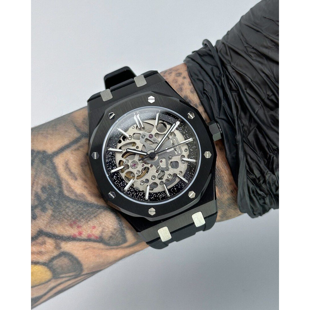 Custom Seiko Mod • Silver Skeleton Black Stardust AP• 42mm